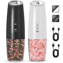 Rechargeable Electric Salt & Pepper Grinder Set with Adjustable Coarseness, LED Light, Gravity Feed – Compatible with Black+White