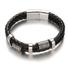 Bracelet vintage pour homme en cuir tressé et acier inoxydable