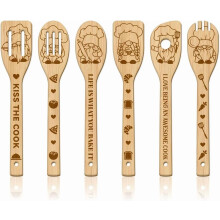 6Pcs Wooden Cooking Gnome Spoons & Spatulas – Bamboo Kitchen Utensils Set, Compatible with All Cookware, Brown DIY Gift