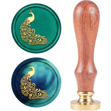 Carimbo de cera vintage com pavão, cabeça removível de latão de 25 mm com cabo de madeira – Compatível com todos os kits de lacre de cera.