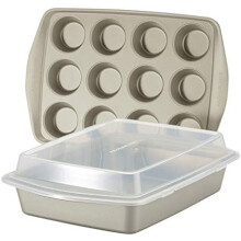 Nonstick Bakeware Set without Grips includes Nonstick Baking Pan with Lid and Muffin Pan / Cupcake Pan - 3 Piece, Silver