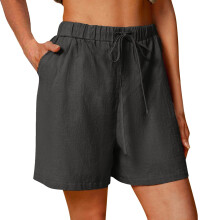 Shorts femininos de linho, estilo bermuda casual, cintura alta, confortáveis para o verão, com bolsos, 15 cm x 25 cm.