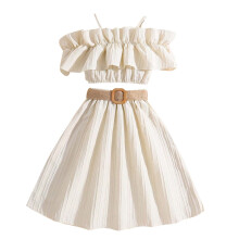 AWZXDE Cute Clothes For Girls Summer Sleeveless Solid Color Ruffle Top With Skirt And Belt Three Piece Outfit Set Beige,7-8 Years