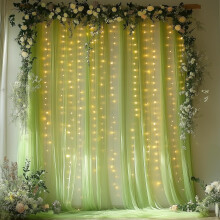 10x8ft Sage Green Tulle Backdrop with String Lights – Wrinkle-Free Sheer Curtain for Weddings, Parties, Showers & Photo Shoots, Compatible with