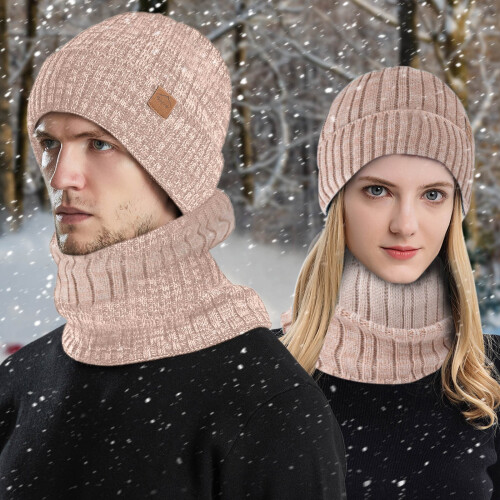 Conjunto de gorro e cachecol de inverno em tricô, forrado com lã e à prova de vento, rosa.