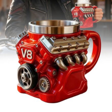 Mug V8Engine3D, en résine doublée d'acier inoxydable, motif mécanique détaillé, cadeau idéal pour les passionnés d'automobile – Rouge