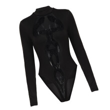 Slangetrykk Transparent Mesh Splicing Bodycon Dame Jumpsuit Elastisk Langermet Mock Neck Bodysuit Leotard Festantrekk