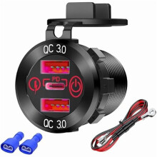 65W Lighted PD USB-C Car Charger Socket, 3-Port QC3.0 Fast Charger with ON/OFF Button, Fuse Wiring, Compatible with Car/Truck/RV/Marine (Red)