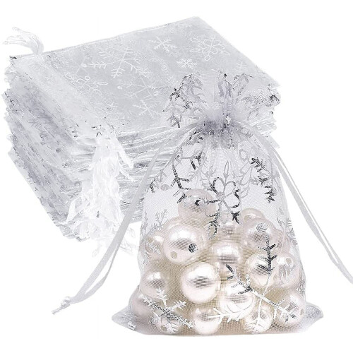 Sacolas de organza com estampa de floco de neve, brancas, 10x15cm (4x6 polegadas), pacote com 100 unidades.