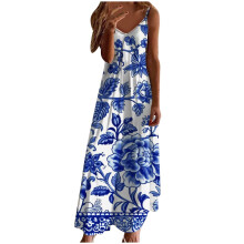 Dam Långa Strandklänningar Spaghettiband Sommar Sexig V-ringad Camisole Maxiklänning - Vintage Blommigt Mönster A-linje Böljande