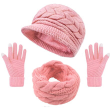 3-Pieces Winter Hat Gloves Scarf Set, Knit Warm Beanie Hat Neck Warmer Touch Screen Mittens for Women