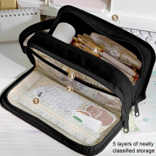 Large Capacity Oxford Pencil Case - 3-Layer Office Supplies Organizer Zippered Compartments Adult Exam Essential Pouch Durable Fabric(Black)
