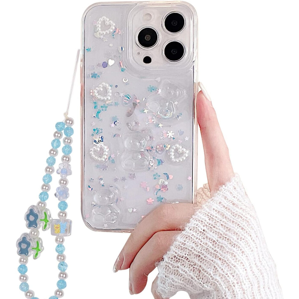Cute 3D Bear Glitter Clear Phone Case For Compatible With Iphone 14 Pro Max, Shockproof, Camera Protect, Includes Charm/Chain Â 6.7" 9027700083844