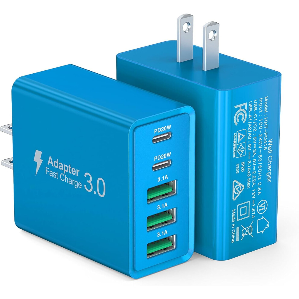 [2-] C Wall, 60W C Block 5-Port Pd,2Usb C+3Usb A Multiport Plug,Type C Power Brick Cube For Compatible With Iphone17/16/15/14/,,,For (Blue) Blue 9027700540248