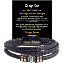 Infinity Knot Black Braided Leather Bracelet for Son/Grandson – Engraved “Love You Forever”, Inspirational Birthday Gift from Mom/Grandmother,