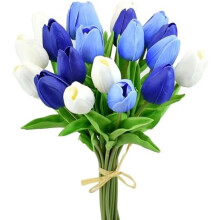 Artificial Tulips 20 Stems Shades of Blue PU Faux Flowers for Valentine's Day and New Year Decorations Wedding Home Decor 13.5 Inch