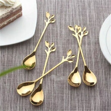 6-Pc Stainless Steel Golden Leaf Spoon Set – Coffee, Tea, Dessert Spoons, Portable Kitchen Tableware