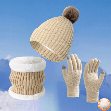 Unisex Winter Knit Set, Fleece Lined Cuffed Beanie, Matching Scarf & Gloves, 3-Piece Thickened Winter Set, Warm Cold Weather Accessories Beige