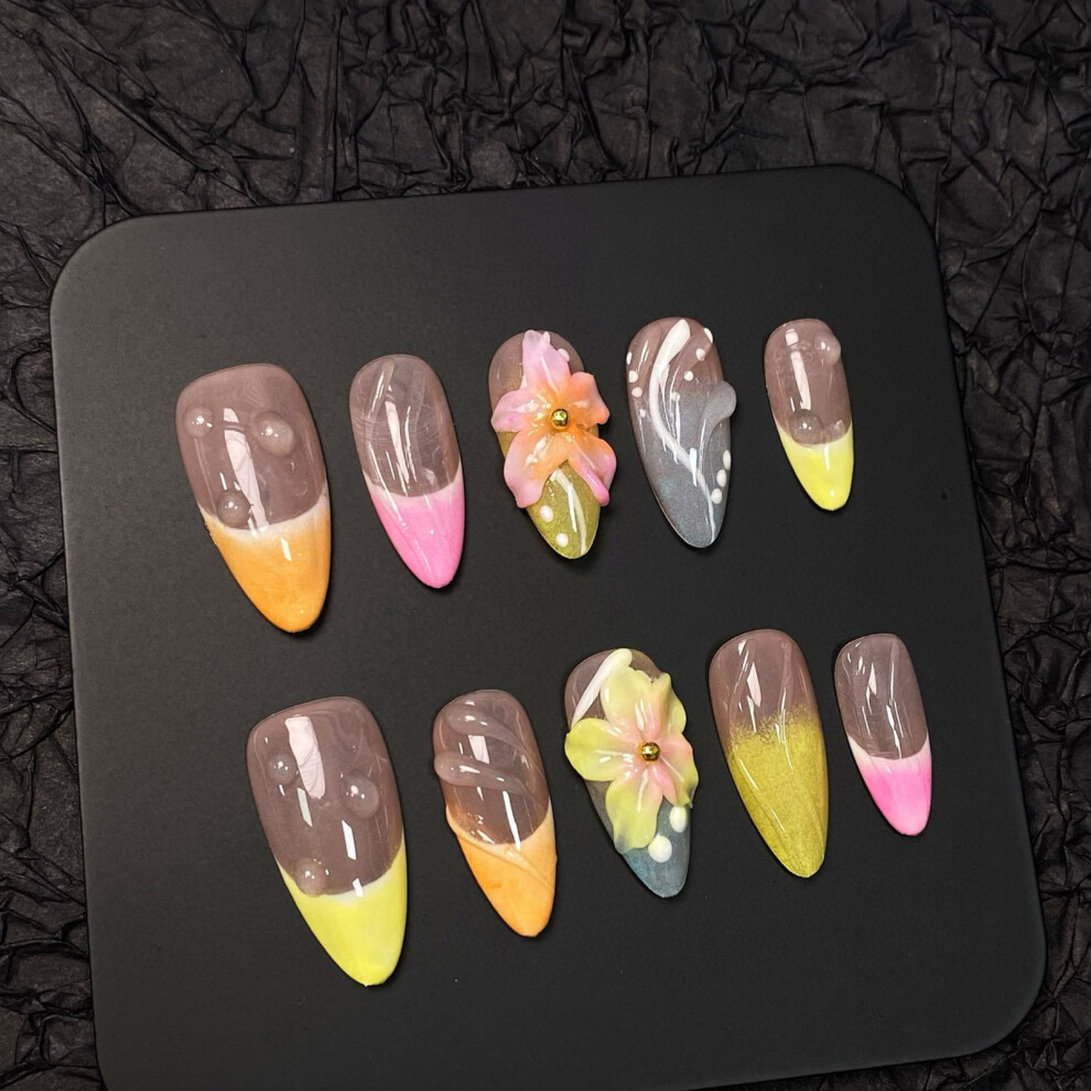 Penghui-Toys (M) 10Pcs Nude Fake Nails With French Colorful Tip Sweet & Charming Reusable False Nails For Women Nail Art Decoration