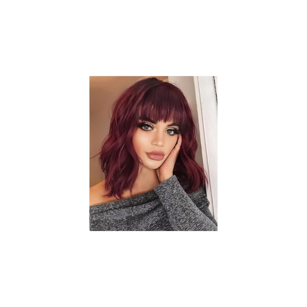 Bob Wig Burgundy Short Wavy Heat-Resistant Synthetic Fiber