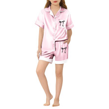 Short Sleeve Shorts Set Girls Two Piece Outfits Bow Print Button Down Collared Shirts Girl Silk Satin Home Clothes Kids Soft Outfit