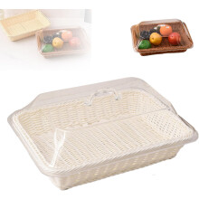 Grand panier à pain tressé à la main en rotin avec couvercle en acrylique transparent – Couvercle alimentaire, plateau à fruits, rangement pour