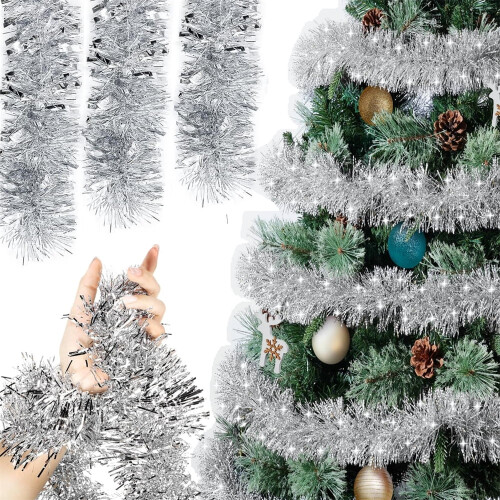 Σετ 6 ασημένιες γιρλάντες με γκλίτερ, μεταλλικό διακοσμητικό χριστουγεννιάτικου