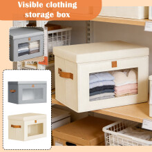 Folding Storage Boxes with Lids, Clear Window Clothes Organizer Bins for Closet/Bedroom, 13.7x9.8x9.8", Beige, 1PC