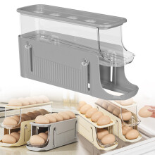 Suporte para ovos com rodinhas automáticas de 2 níveis para geladeira com tampa, compatível com caixas de ovos padrão, cinza.
