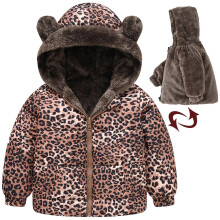 Jaqueta infantil Shldybc com capuz e enchimento de plumas, estampa floral, casaco de inverno de pelúcia – cor café, tamanho 3-4 anos, compatível