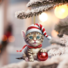 Enfeites de Natal Cute2D em acrílico com formato de gato para pendurar na árvore de Natal – Decoração natalina, compatível com árvores de