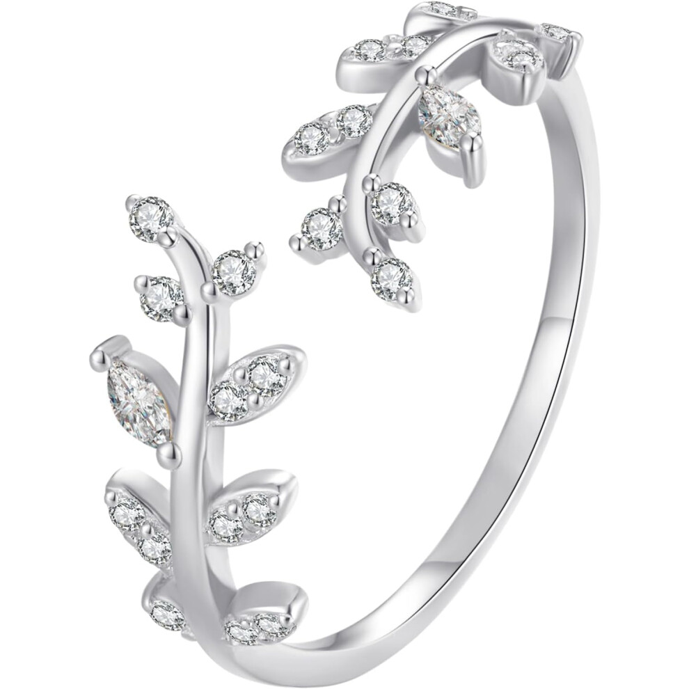Leaf Sterling Silver Ring Adjustable CZ Stackable