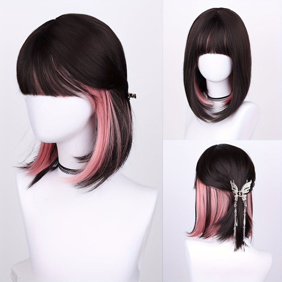 Women's 16" Deep Black-to-Blue-Green Gradient Bob Wig, High-Density (150%) Synthetic, Rosette Net Cap, Compatible with Cosplay & Parties
