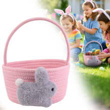 Pink Bunny Easter Basket for Kids – Small Woven Storage Bin with Handle, Compatible with Egg Hunt & Nursery Decor