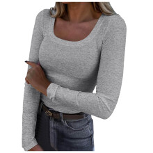 Womens Long Sleeve Square Neck Tops Ribbed Knit Slim Fit Shirts Basic Tee 2025 Fall Dressy Casual T-Shirts Clothes Grey, L