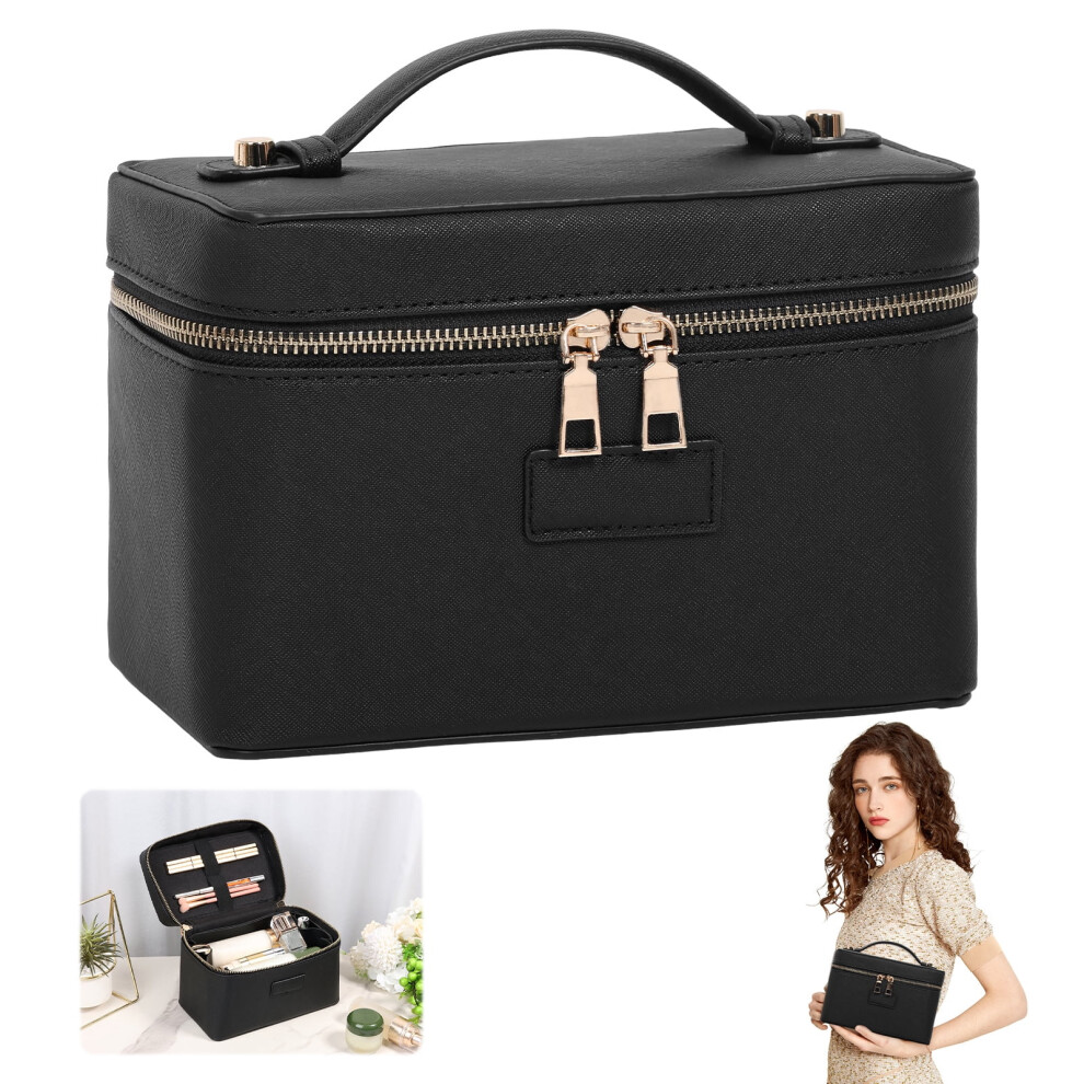 Makeup Bag, Vanity Case for Women, PU and Polyester Vanity Bag, Travel Toiletry Bags Makeup Organizer with Removable Divider for Daily Use