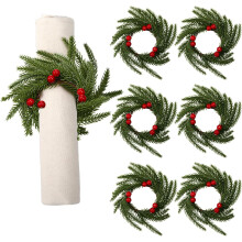 6pcs Christmas Napkin Rings, Norfolk Red Berry & Pine Needle Design, Compatible with Standard Napkins