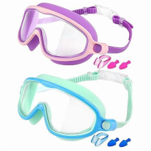 2 pack Kids Swim Goggles, Anti-fog Protection and Wide View with Swim Cap for Age 3-14 Youth Boys Girls Toddler(Purple pink+green blue combination)