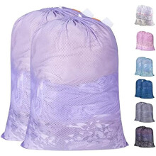 Heavy Duty Mesh Laundry Bags 24x36" – 2 Pack w/ ID Tag & Locking Drawstring – Washable Liner for Travel, Sports, Dorms (Purple)