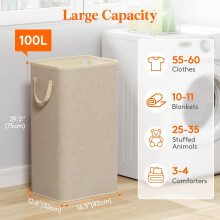 100L Beige Tall Laundry Hamper - Collapsible Portable Basket with Handles for Dorm Bedroom & Bathroom