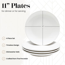 White Ceramic Dinner Plates (11"), Set of 4, Stackable, Dishwasher & Microwave Safe, Restaurant Style
