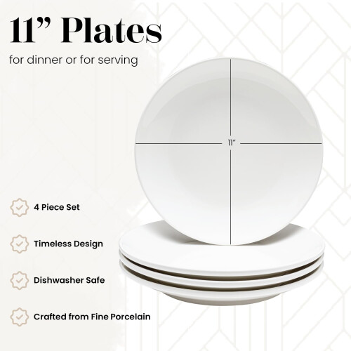White Ceramic Dinner Plates (11"), Set of 4, Stackable, Dishwasher & Microwave Safe, Restaurant Style