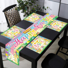 Chemin de table et 4 sets de table « Il est ressuscité » pour Pâques, décoration de table et de cuisine sur le thème du lapin joyeux