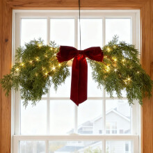 Guirlanda de Natal LED com laço de veludo vermelho – Decoração natalina para ambientes internos e externos, ideal para portas, escadas e