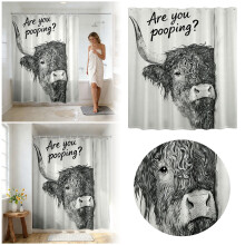 Rideau de douche humoristique avec vache des Highlands blanche et grise, imperméable et lavable, décoration champêtre, 200 x 180 cm, compatible