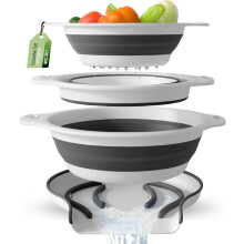 Passoires pliables (lot de 3) avec base à poser sur l'évier pour pâtes, fruits et légumes – Blanches, 3 tailles (3 QT/4 QT/5 QT)