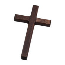 Barna tömörfa keresztes fali dekoráció, barna felülettel, természetes textúrájú húsvéti asztaldísz, spirituális terekbe, méret 4,7