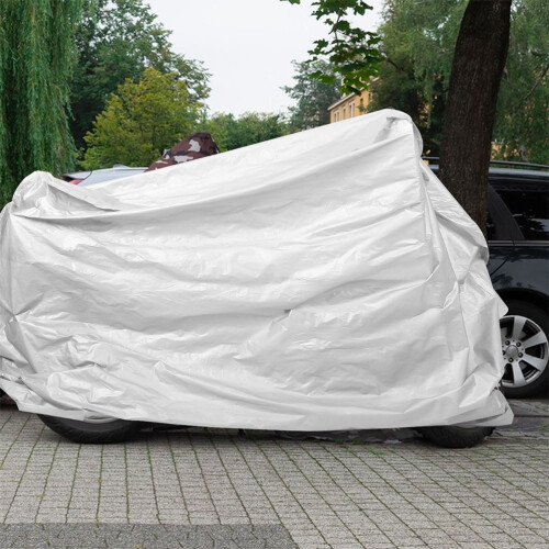 Set van 2 witte motorhoezen, winddicht, geschikt voor buitengebruik.