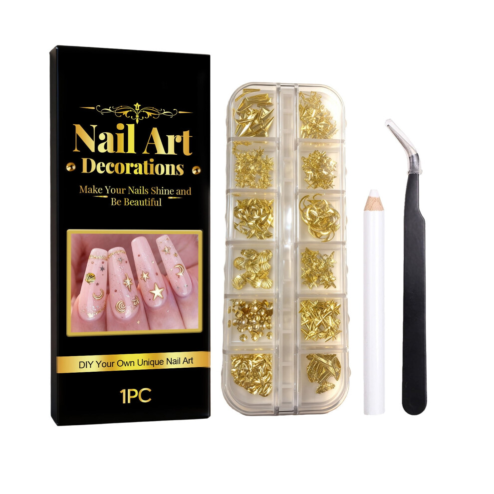 Nail Charms, Metal Nail Rhinestones and Charms Pearls, 3D Nail Art Studs Jewelry for Women with Pickup Pen & Tweezers