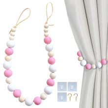 Wood Bead Curtain Tiebacks Set with Brass Hooks & Traceless Nails – Adjustable, Rustic, Compatible with Most Curtains